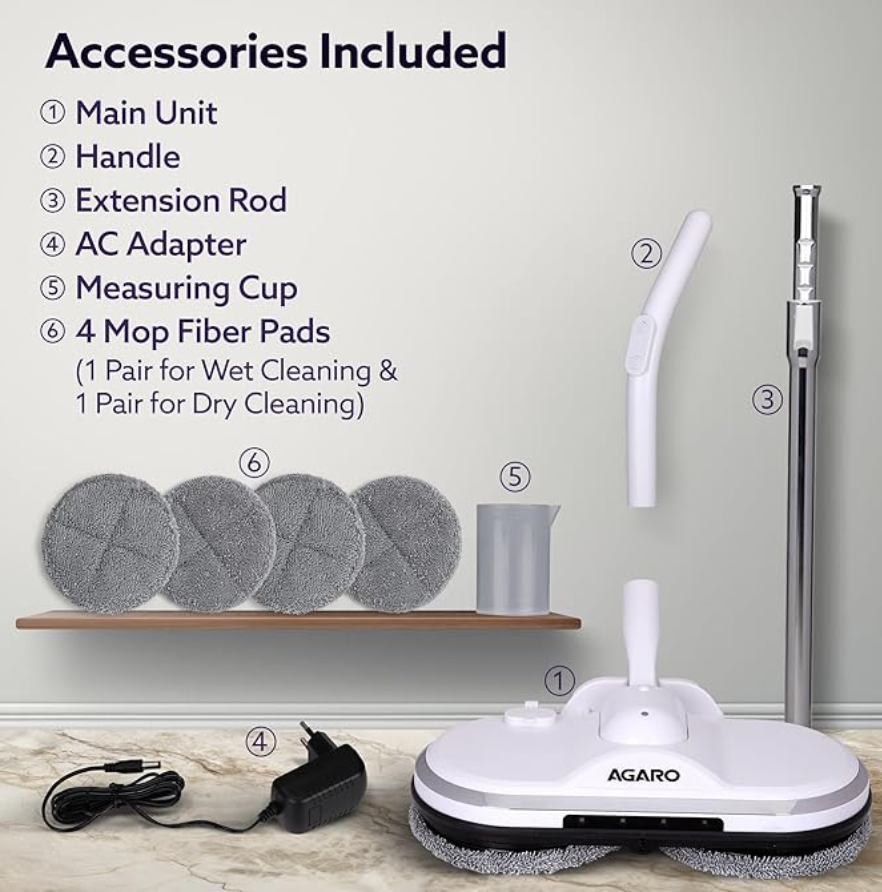 AGARO Regency Electric Spin Mop for Floor Cleaning, Mopping, Automatic Wet Mopper, Cordless, Adjustable Handle, Water Sprayer, Lightweight, for Wooden, Tiles & Hard Floors, Home, Kitchen & Office use