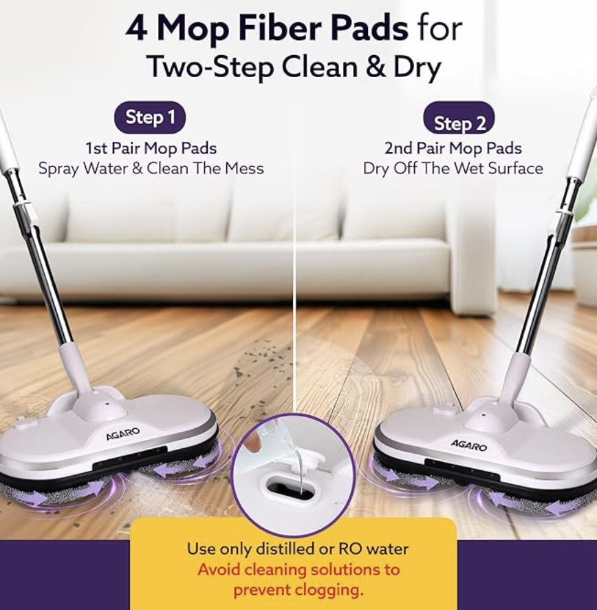AGARO Regency Electric Spin Mop for Floor Cleaning, Mopping, Automatic Wet Mopper, Cordless, Adjustable Handle, Water Sprayer, Lightweight, for Wooden, Tiles & Hard Floors, Home, Kitchen & Office use