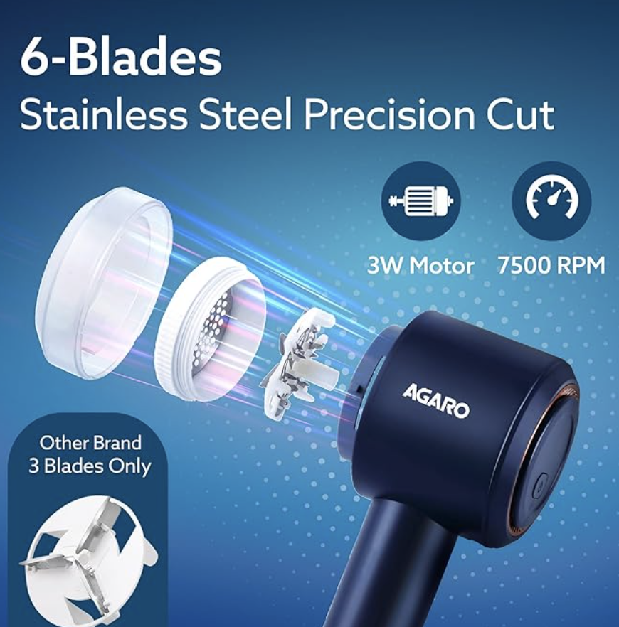 AGARO LR2409 Lint Remover, Electric Fabric Shaver, Rechargeable, Stainless Steel Blades, Portable, Multi-Functional Fuzz Remover from Woollen Sweaters, Coat, Blankets, Jackets, Carpets, Burr Remover