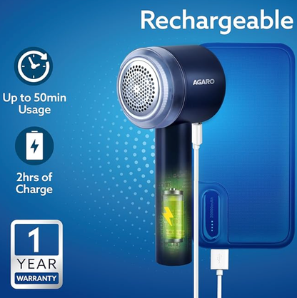 AGARO LR2409 Lint Remover, Electric Fabric Shaver, Rechargeable, Stainless Steel Blades, Portable, Multi-Functional Fuzz Remover from Woollen Sweaters, Coat, Blankets, Jackets, Carpets, Burr Remover