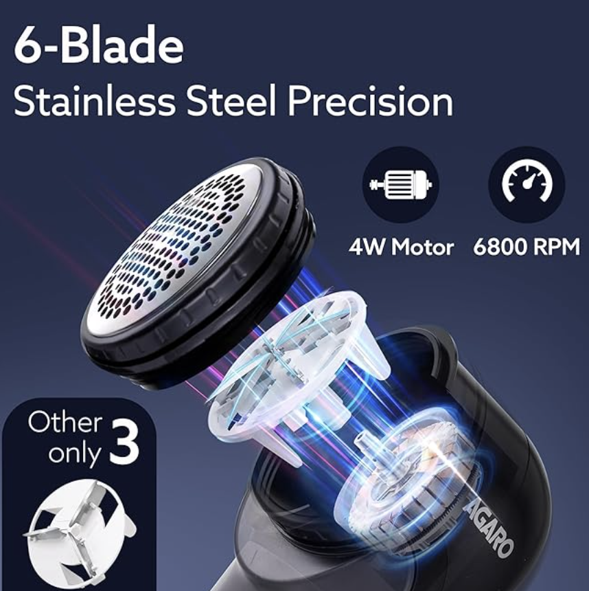 AGARO 2417 Lint Remover, Electric Fabric Shaver, Rechargeable, Stainless Steel Blades, Portable, Multi-Functional Fuzz Remover from Woollen Sweaters, Coat, Blankets, Jackets, Carpets, Burr Remover