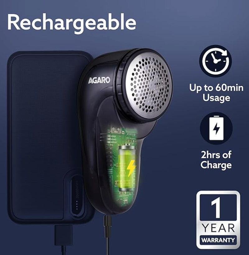 AGARO 2417 Lint Remover, Electric Fabric Shaver, Rechargeable, Stainless Steel Blades, Portable, Multi-Functional Fuzz Remover from Woollen Sweaters, Coat, Blankets, Jackets, Carpets, Burr Remover-3