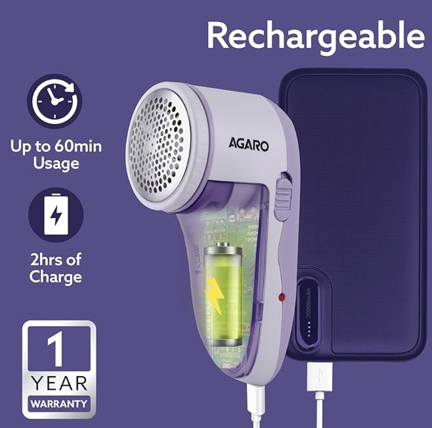 AGARO 2419 Lint Remover, Electric Fabric Shaver, Rechargeable, Stainless Steel Blades, Portable, Multi-Functional Fuzz Remover from Woollen Sweaters, Coat, Blankets, Jackets, Carpets, Burr Remover
