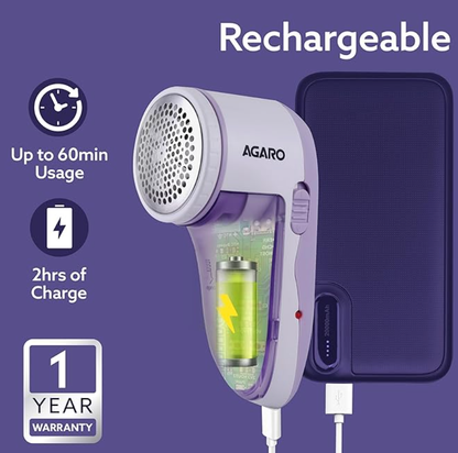 AGARO 2419 Lint Remover, Electric Fabric Shaver, Rechargeable, Stainless Steel Blades, Portable, Multi-Functional Fuzz Remover from Woollen Sweaters, Coat, Blankets, Jackets, Carpets, Burr Remover
