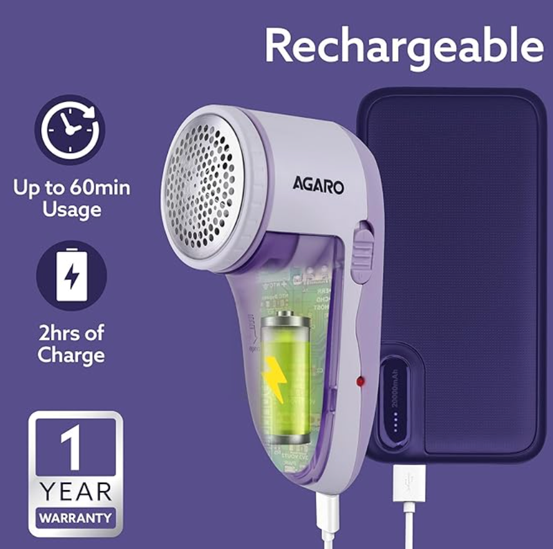 AGARO 2419 Lint Remover, Electric Fabric Shaver, Rechargeable, Stainless Steel Blades, Portable, Multi-Functional Fuzz Remover from Woollen Sweaters, Coat, Blankets, Jackets, Carpets, Burr Remover-3