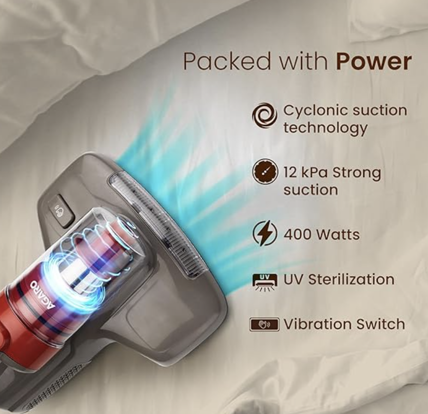 AGARO Grand Bed Vacuum Cleaner, Cyclonic Technology for Dust Collection, UV Light Sterilization, 12kPa Suction Power, Suitable for Bed, Sofa, Pillow and Other Fabric Surfaces, Dark Grey & Black