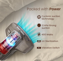 AGARO Grand Bed Vacuum Cleaner, Cyclonic Technology for Dust Collection, UV Light Sterilization, 12kPa Suction Power, Suitable for Bed, Sofa, Pillow and Other Fabric Surfaces, Dark Grey & Black-2