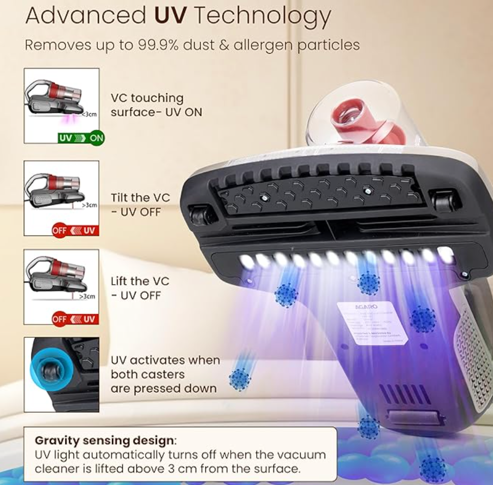AGARO Grand Bed Vacuum Cleaner, Cyclonic Technology for Dust Collection, UV Light Sterilization, 12kPa Suction Power, Suitable for Bed, Sofa, Pillow and Other Fabric Surfaces, Dark Grey & Black-4