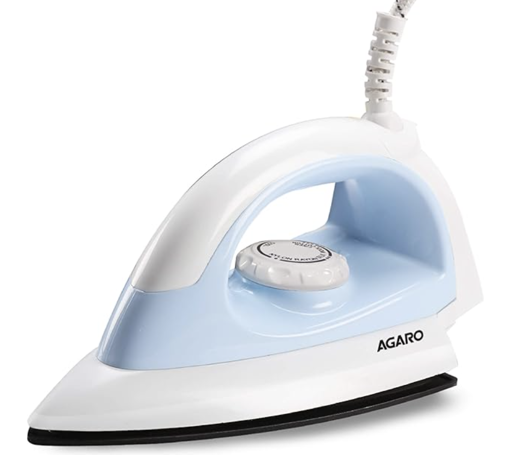 AGARO Eva Electric Dry Iron, 1000W, Non- Stick Coated Heavy Sole Plate, Multi Fabric Temperature Control, Removes Wrinkle, Creases, Blue.