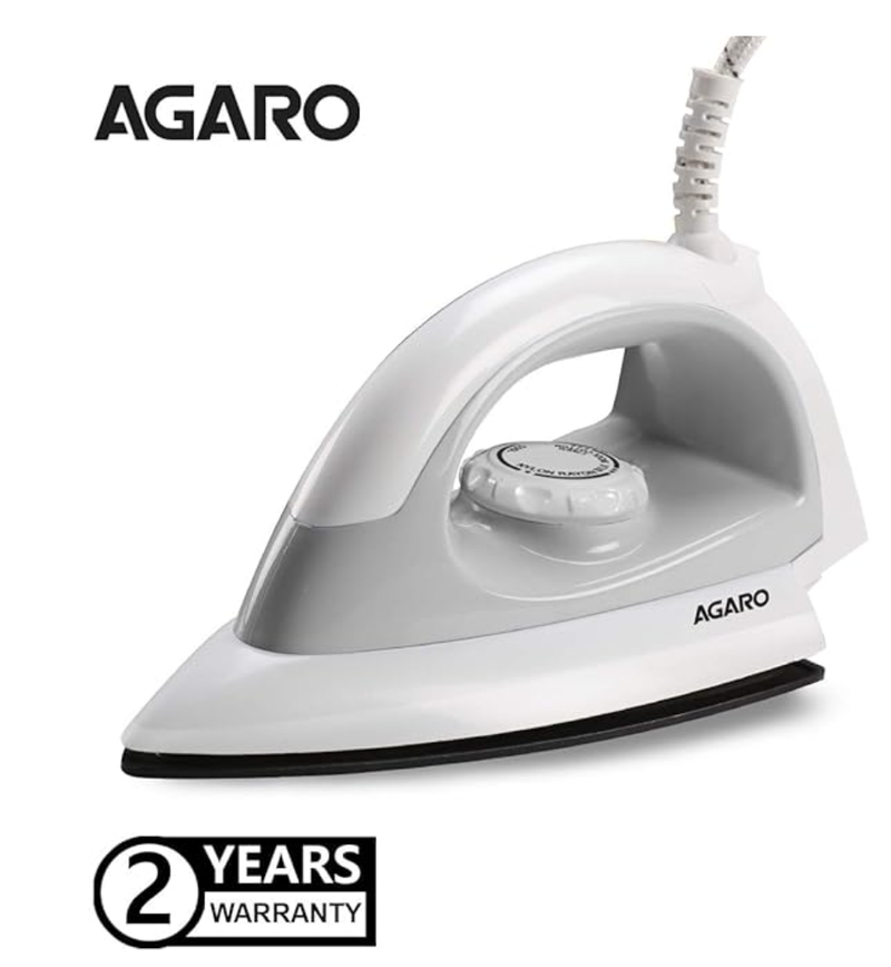 AGARO Eva Electric Dry Iron, 1000W, Non- Stick Coated Heavy Sole Plate, Multi Fabric Temperature Control, Removes Wrinkle, Creases, Grey.-1