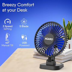 AGARO Breeze USB டெஸ்க்டாப் ஃபேன், 4 இன்ச் அமைதியான டெஸ்க்டாப் ஃபேன், USB ப்ளக் இன், 3 வேகம், சக்திவாய்ந்த காற்றோட்டம், 40° டில்டிங், அல்ட்ரா அமைதியான, வீட்டு அலுவலக படுக்கையறைக்கான தனிப்பட்ட மினி ஃபேன், படிப்பு, கருப்பு -2