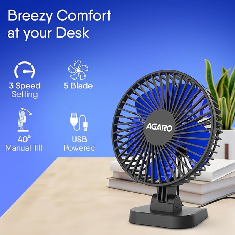 AGARO Breeze USB டெஸ்க்டாப் ஃபேன், 4 இன்ச் அமைதியான டெஸ்க்டாப் ஃபேன், USB ப்ளக் இன், 3 வேகம், சக்திவாய்ந்த காற்றோட்டம், 40° டில்டிங், அல்ட்ரா அமைதியான, வீட்டு அலுவலக படுக்கையறைக்கான தனிப்பட்ட மினி ஃபேன், படிப்பு, கருப்பு -2