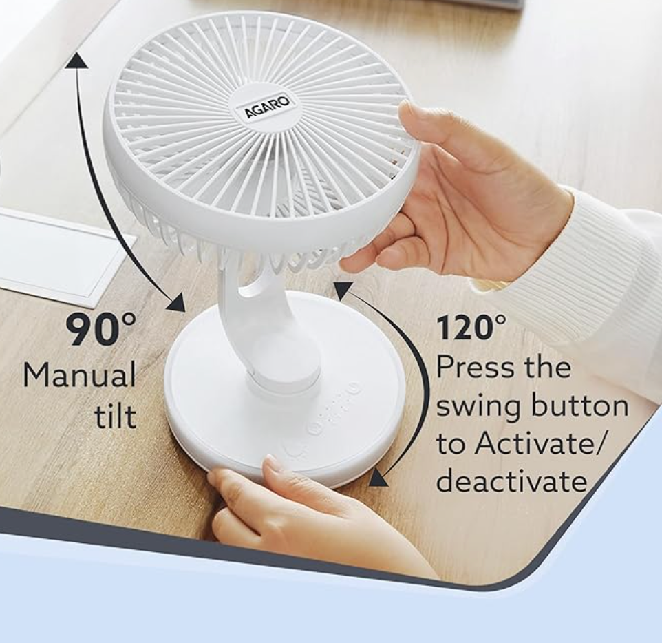AGARO Alpha Desktop Fan with Light, 6 Inches, 4 Speeds, Oscillating Table Fan, Brushless Motor, Wide Angle Adjustment, USB Rechargeable, Ultra Quiet, Personal Mini Fan for Home Office Bedroom, White