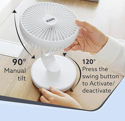 AGARO Alpha Desktop Fan with Light, 6 Inches, 4 Speeds, Oscillating Table Fan, Brushless Motor, Wide Angle Adjustment, USB Rechargeable, Ultra Quiet, Personal Mini Fan for Home Office Bedroom, White