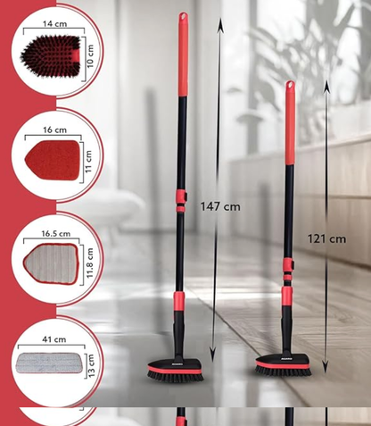 AGARO Elite Cleaning Mop & Brush Set, Bathroom Cleaning Brush, Long Handle, Hard Brush, Microfiber Pad & Scrubber, for Tiles, Kitchen, Toilet, Window Glass, Detachable Head, Black & Red