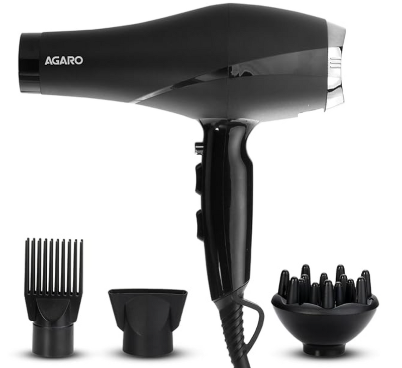 AGARO HD-1120 2000 வாட்ஸ் தொழில்முறை ஹேர் ட்ரையர், AC காப்பர் மோட்டார், கான்சென்ட்ரேட்டர், டிஃப்பியூசர், சீப்பு, சூடான &amp; குளிர் காற்று, 2 வேக 3 வெப்பநிலை அமைப்புகள் கூல் ஷாட், ஆண்கள் &amp; பெண்கள் இருவருக்கும், கருப்பு -1