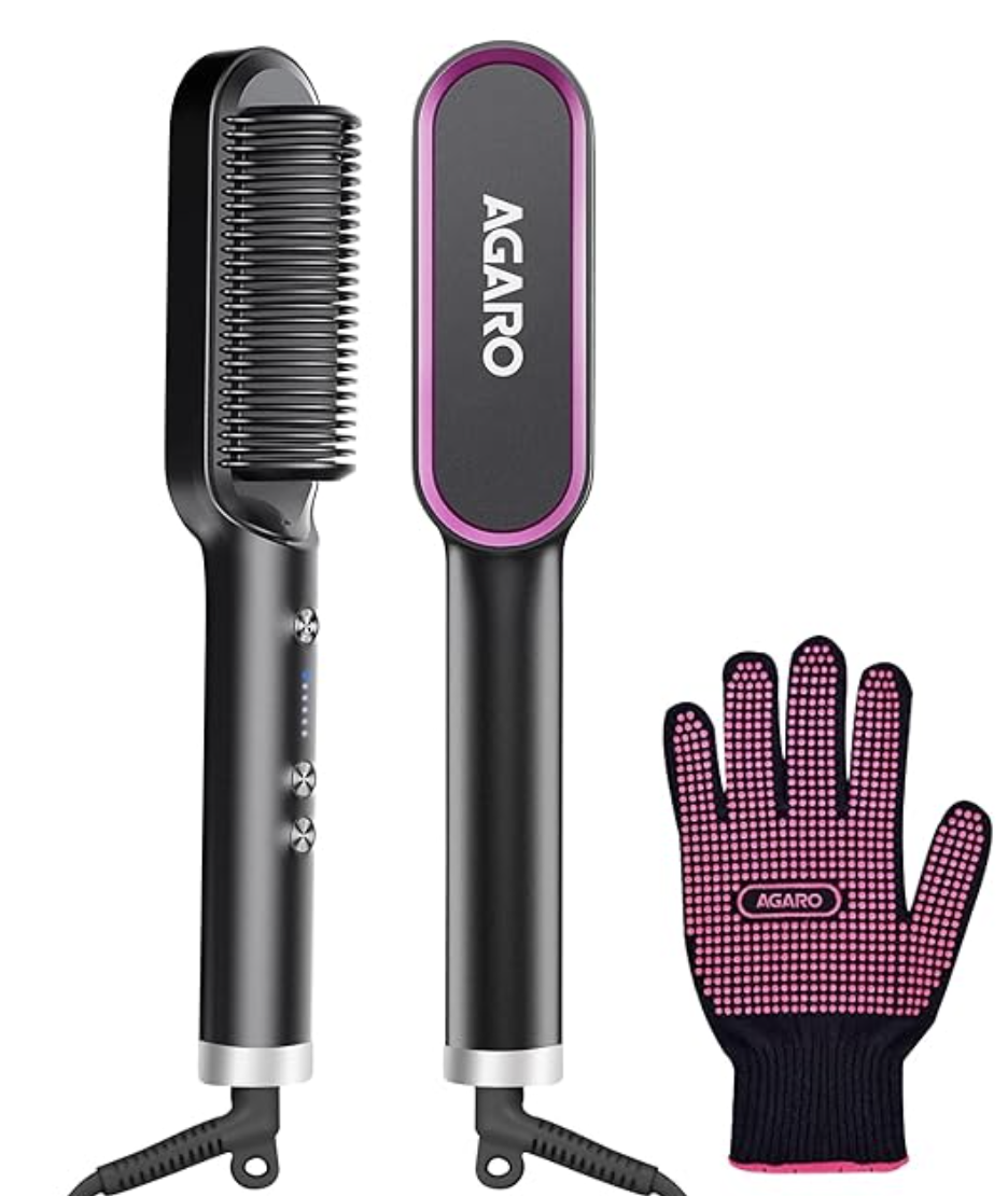 AGARO Hair Straightening Brush, Hair Straightening Comb For Women, Fast Heating, Ionic Care, 5 Heat Settings, Hair Straightener, Hot Brush, Gives Naturally Straight Hair in 5 Mins, Black, HSB2107