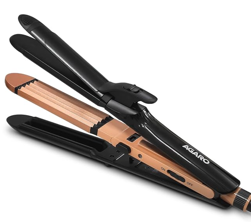 AGARO 4 in1 ஹேர் ஸ்ட்ரைட்டனர், அலை அலையான ஹேர், க்ரிம்பர், கர்லர், ஹேர் ஸ்டைலர், கெரட்டின் உட்செலுத்தப்பட்ட செராமிக் கோடட் பிளேட், மாறக்கூடிய ஸ்டைல் அமைப்புகள், ஹேர் ஸ்டைலிங், கருப்பு &amp; ரோஸ் கோல்ட், HS1719 -1
