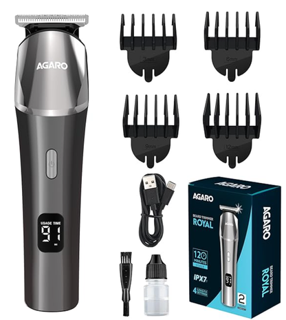 AGARO Royal Beard Trimmer For Men, Hair Trimming, High Precision Trimmer, Cordless, 4 Length Setting Combs, Self Sharpening Stainless Steel Blade, Metal Body, Fast Charging, 120 Minutes Usage, Silver