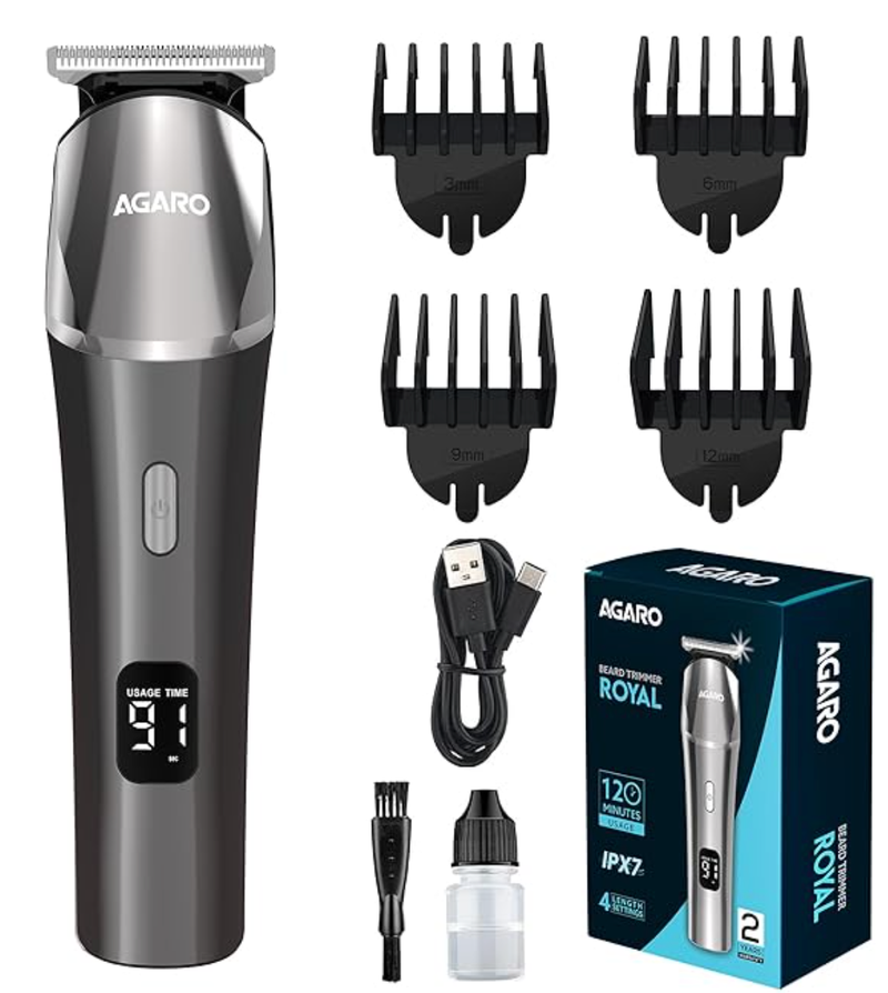 AGARO Royal Beard Trimmer For Men, Hair Trimming, High Precision Trimmer, Cordless, 4 Length Setting Combs, Self Sharpening Stainless Steel Blade, Metal Body, Fast Charging, 120 Minutes Usage, Silver-1