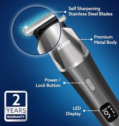 AGARO Royal Beard Trimmer For Men, Hair Trimming, High Precision Trimmer, Cordless, 4 Length Setting Combs, Self Sharpening Stainless Steel Blade, Metal Body, Fast Charging, 120 Minutes Usage, Silver