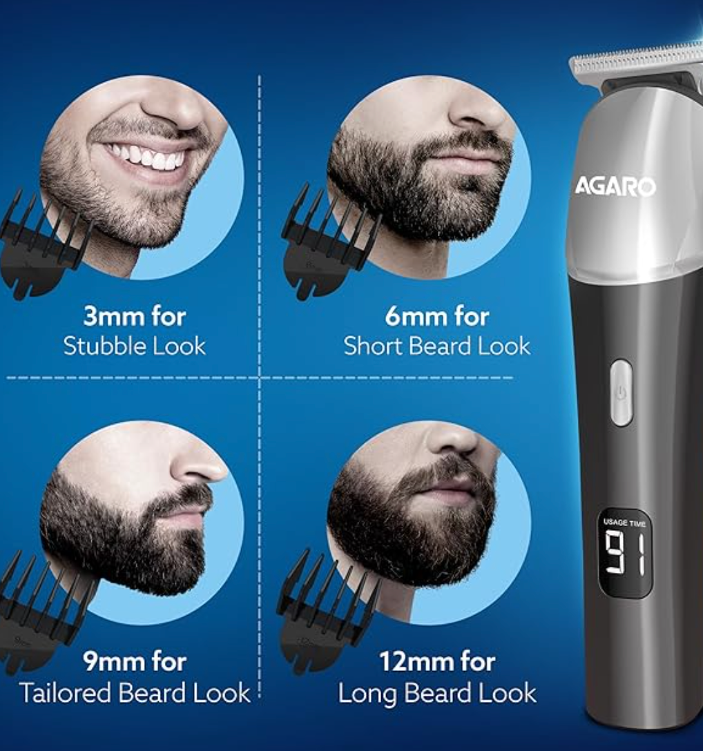 AGARO Royal Beard Trimmer For Men, Hair Trimming, High Precision Trimmer, Cordless, 4 Length Setting Combs, Self Sharpening Stainless Steel Blade, Metal Body, Fast Charging, 120 Minutes Usage, Silver