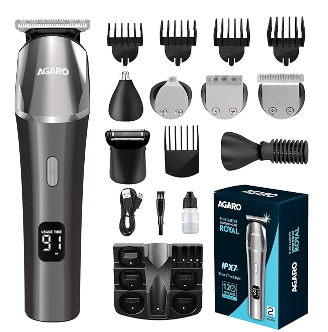 AGARO Royal Multi Grooming Kit For Men, 9in1, Shave| Trim | Style, Face Head Body Trimmer, Self Sharpening Stainless Steel Blade, 5 Combs, Metal Body, Type C Fast Charging, 120 Min Usage, IPX7, Silver