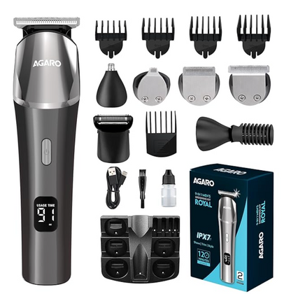 AGARO Royal Multi Grooming Kit For Men, 9in1, Shave| Trim | Style, Face Head Body Trimmer, Self Sharpening Stainless Steel Blade, 5 Combs, Metal Body, Type C Fast Charging, 120 Min Usage, IPX7, Silver