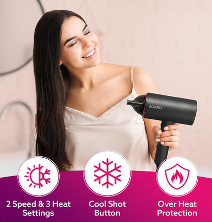 AGARO HD-1214 Premium Hair Dryer with 1400 Watts Motor, 3 Temperature Settings &amp; Cool Shot Button- Black