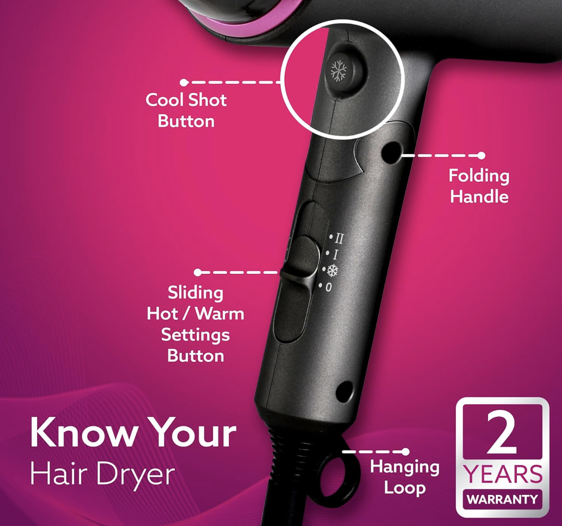 AGARO HD-1214 Premium Hair Dryer with 1400 Watts Motor, 3 Temperature Settings &amp; Cool Shot Button- Black