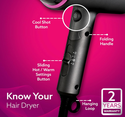 AGARO HD-1214 Premium Hair Dryer with 1400 Watts Motor, 3 Temperature Settings &amp; Cool Shot Button- Black