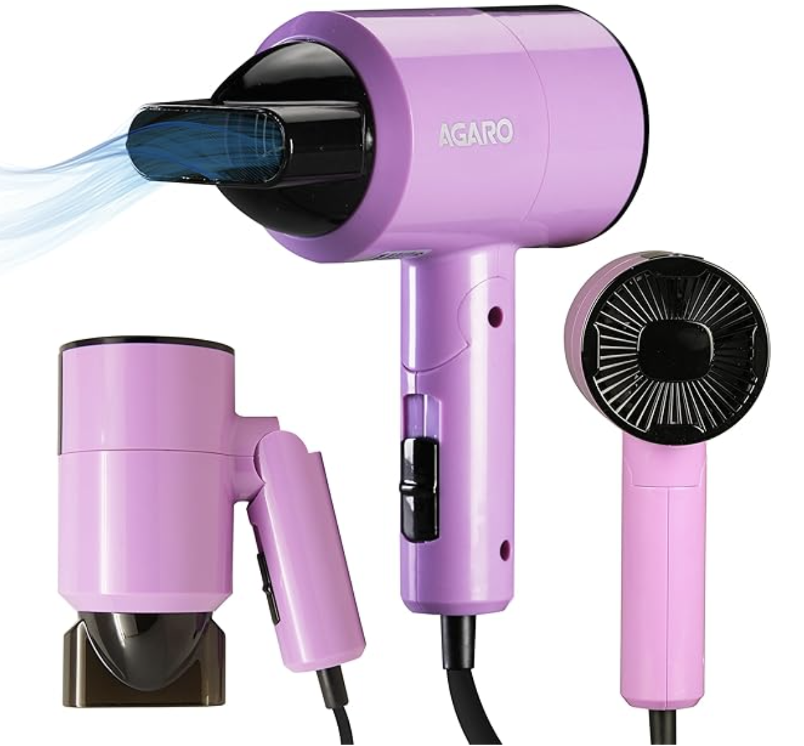 AGARO HD-1211 ஹேர் ட்ரையர் 1100 வாட்ஸ், 2 வெப்ப வேகம் மற்றும் கூல் மோட், மடிக்கக்கூடியது (சிறிய அளவில்), ஊதா 