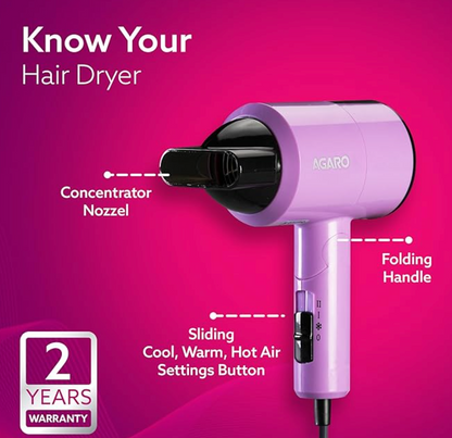 AGARO HD-1211 Hair Dryer 1100 Watts, 2 Heat Speed and Cool Mode, Foldable (Compact in Size), Purple