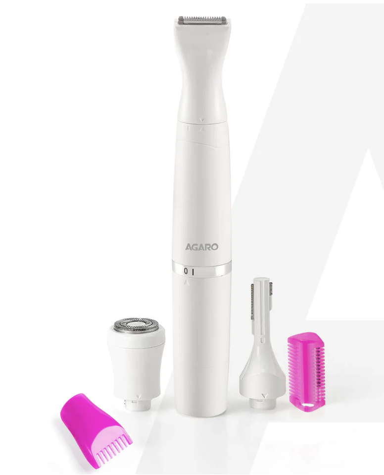 AGARO Rechargeable 3-in-1 Multi Trimmer For Women, Multipurpose Hair Remover for Women, Face, Leg, Eyebrow, Underarms, Bikini Trimmer, 90 minutes Runtime, White