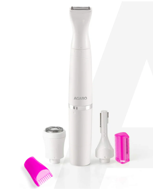 AGARO रिचार्जेबल 3-इन-1 मल्टी ट्रिमर महिलाओं के लिए, महिलाओं के लिए बहुउद्देशीय हेयर रिमूवर, चेहरा, पैर, भौं, अंडरआर्म्स, बिकिनी ट्रिमर, 90 मिनट का रनटाइम, सफ़ेद 