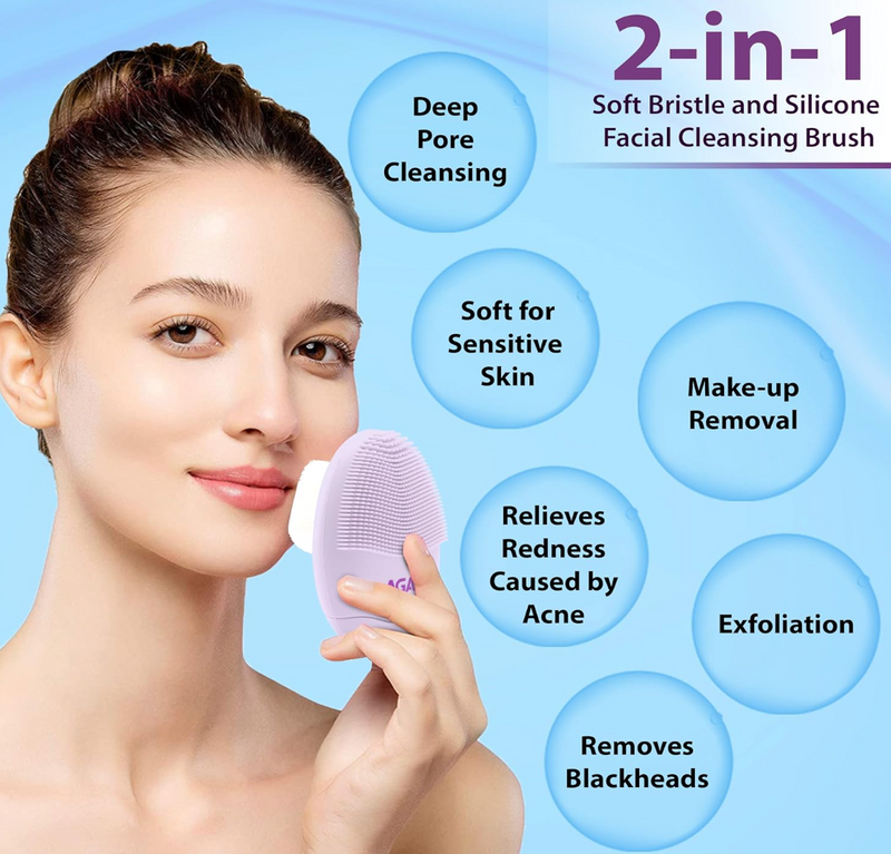 AGARO CB2105 Facial Cleansing Brush, 2-in-1 Soft Bristle & Silicone Facial Cleansing Brush for Exfoliation & Deep Pore Cleansing, Suitable for Sensitive, Delicate and Dry Skin, Purple-2