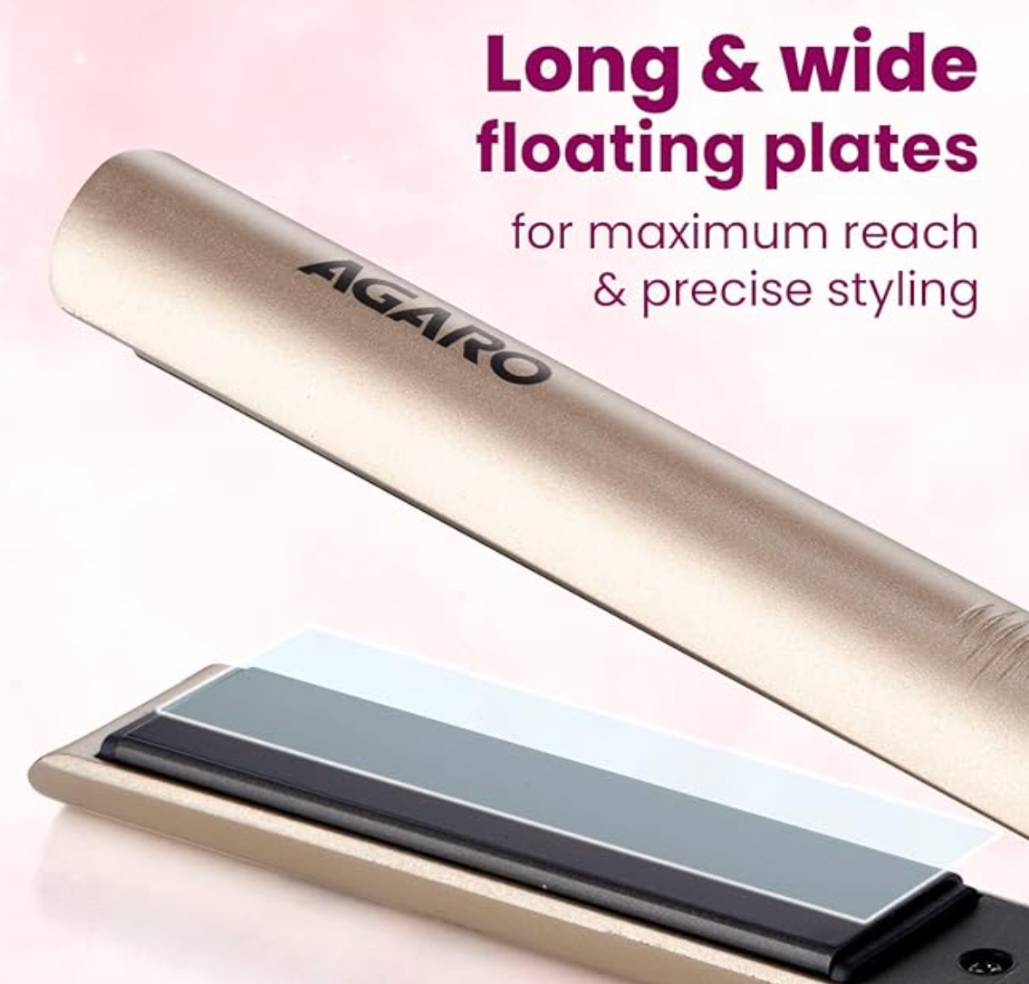 AGARO Hair Straightener, Ceramic Coated Floating Plates, Adjustable Temperature, PTC Heating, Fast Heating Hair Iron, Hair Straightening, Hair Styling For Women, HS1937 Golden