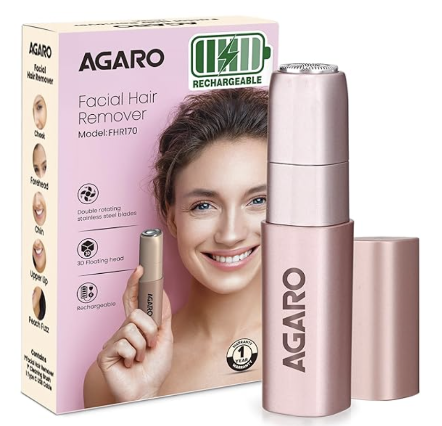 AGARO Facial Hair Remover FHR170 For Women, Rechargeable, Cordless, Safe & Painless Electric Shaver, Hypoallergenic Blade, Multipurpose Use For Upper Lip, Chin, Cheeks & Forehead, Ideal For On-The-Go