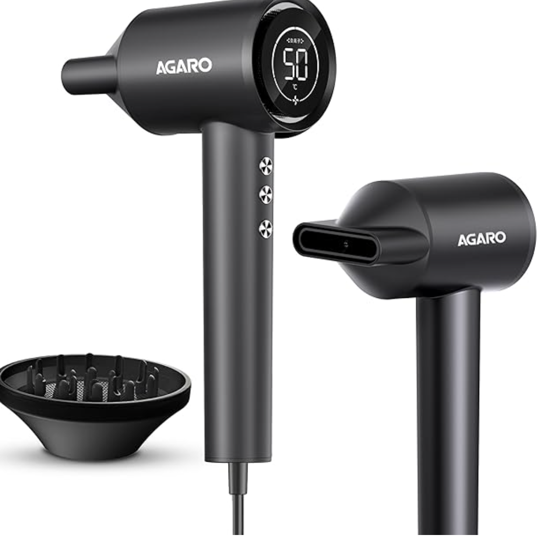 AGARO HD3240 Hair Dryer, Brushless 1600W Motor, 3 Speed & 4 temperature settings, Ionic Technology, Fast Drying High-Speed Low Noise Hairdryer with Magnetic Nozzle & Diffuser