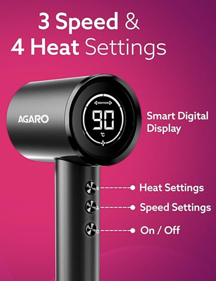 AGARO HD3240 Hair Dryer, Brushless 1600W Motor, 3 Speed & 4 temperature settings, Ionic Technology, Fast Drying High-Speed Low Noise Hairdryer with Magnetic Nozzle & Diffuser