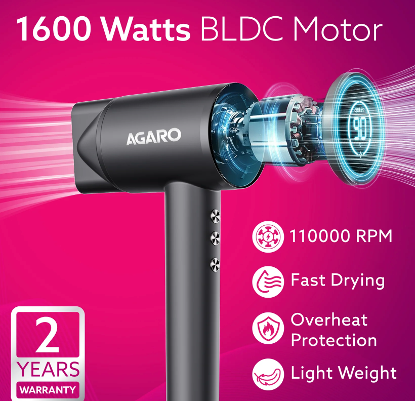 AGARO HD3240 Hair Dryer, Brushless 1600W Motor, 3 Speed & 4 temperature settings, Ionic Technology, Fast Drying High-Speed Low Noise Hairdryer with Magnetic Nozzle & Diffuser
