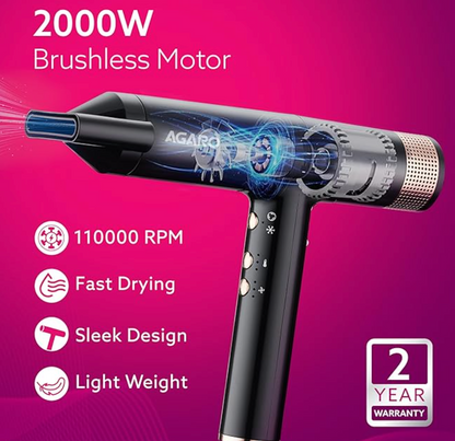 AGARO Royal BLDC Professional Hair Dryer, Brushless Motor, Ionic technology, 2000W, 110000 RPM, Fast Drying, 3 Speed & 3 Temperature Settings, Cool Shot Button, for Women, Men, Salon, Home, Black