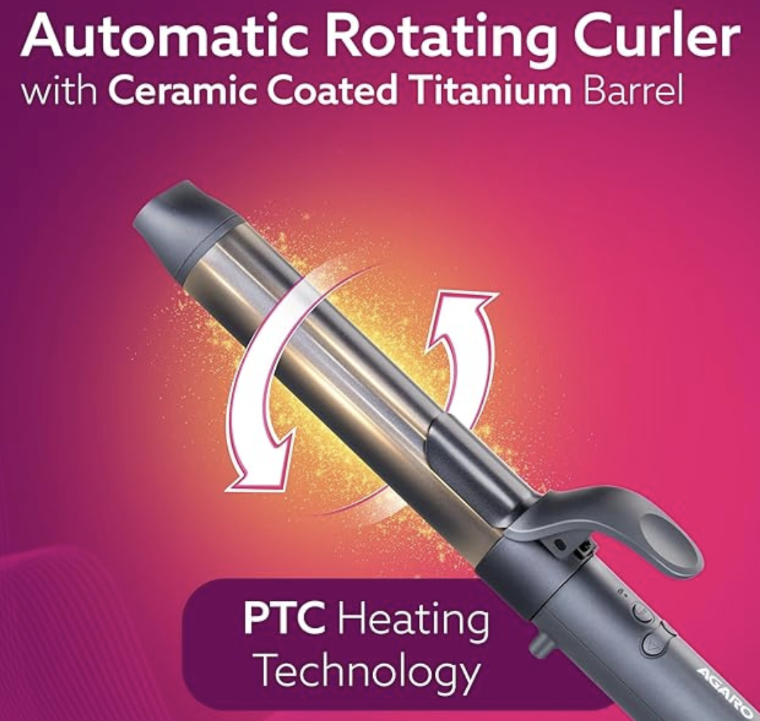 AGARO Prima Rotating Hair Curler, 32 mm Ceramic coated barrel, Automatic Curling, Fast Heating, Ceramic Coated Titanium Barrel for Long/Medium Hair, Professional Self Curling Hair Styler, For Women, Black