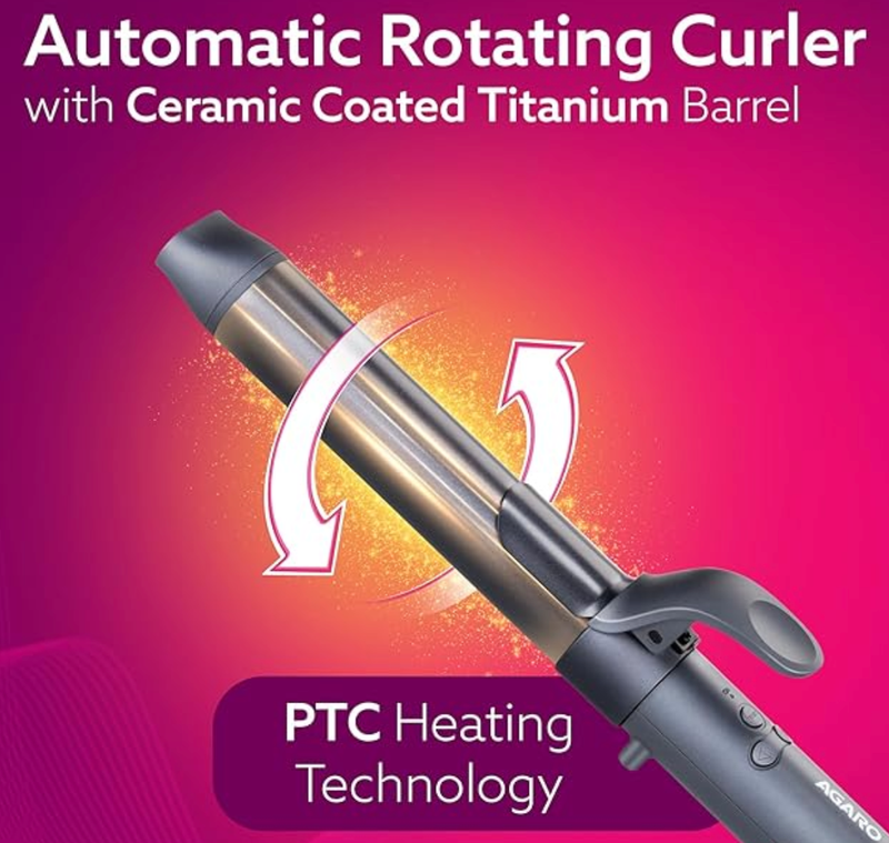 AGARO Prima Rotating Hair Curler, 32 mm Ceramic coated barrel, Automatic Curling, Fast Heating, Ceramic Coated Titanium Barrel for Long/Medium Hair, Professional Self Curling Hair Styler, For Women, Black-2