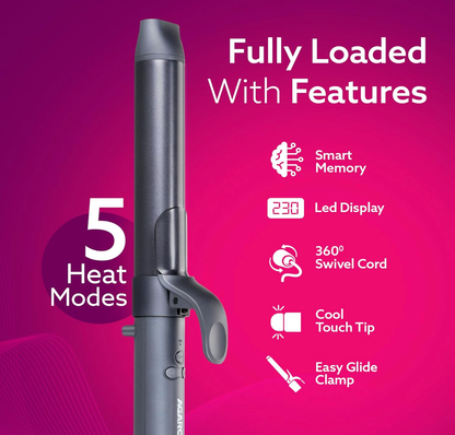 AGARO Prima Rotating Hair Curler, 32 mm Ceramic coated barrel, Automatic Curling, Fast Heating, Ceramic Coated Titanium Barrel for Long/Medium Hair, Professional Self Curling Hair Styler, For Women, Black