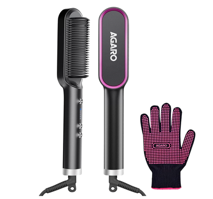 AGARO Hair Straightening Brush, Hair Straightening Comb For Women, Fast Heating, Ionic Care, 5 Heat Settings, Hair Straightener, Hot Brush, Gives Naturally Straight Hair in 5 Mins, Black, HSB2107