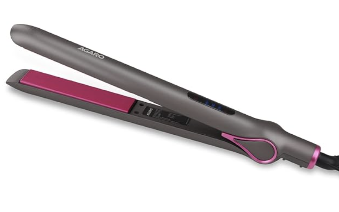 AGARO Hair Straightener, Ceramic Coated Titanium Plate, PTC Heating, Plate locking function, Fast Heating, Hair Straightening, Hair Styling Iron For Women, HS1957, Dark grey & Purple