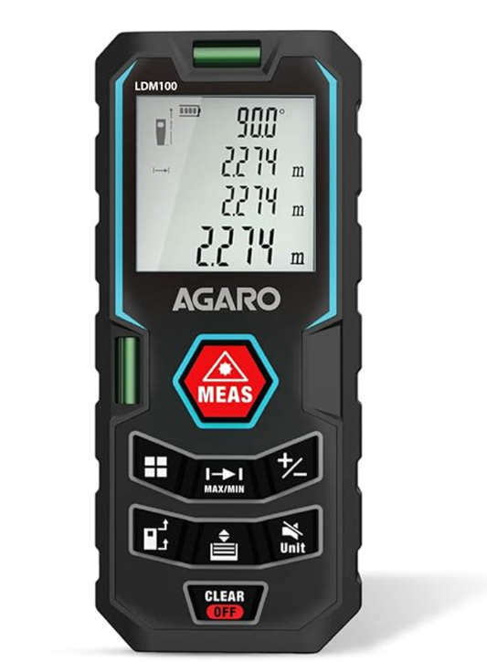 AGARO LDM100 Laser Distance Meter, Up to 100 Meters Range, Continous Measurement, Distance, Volume & Area Measurement, Pythagorean Mode, 30 Memories, 2 Bubble Levels,M/In/Ft Unit, Backlit Display