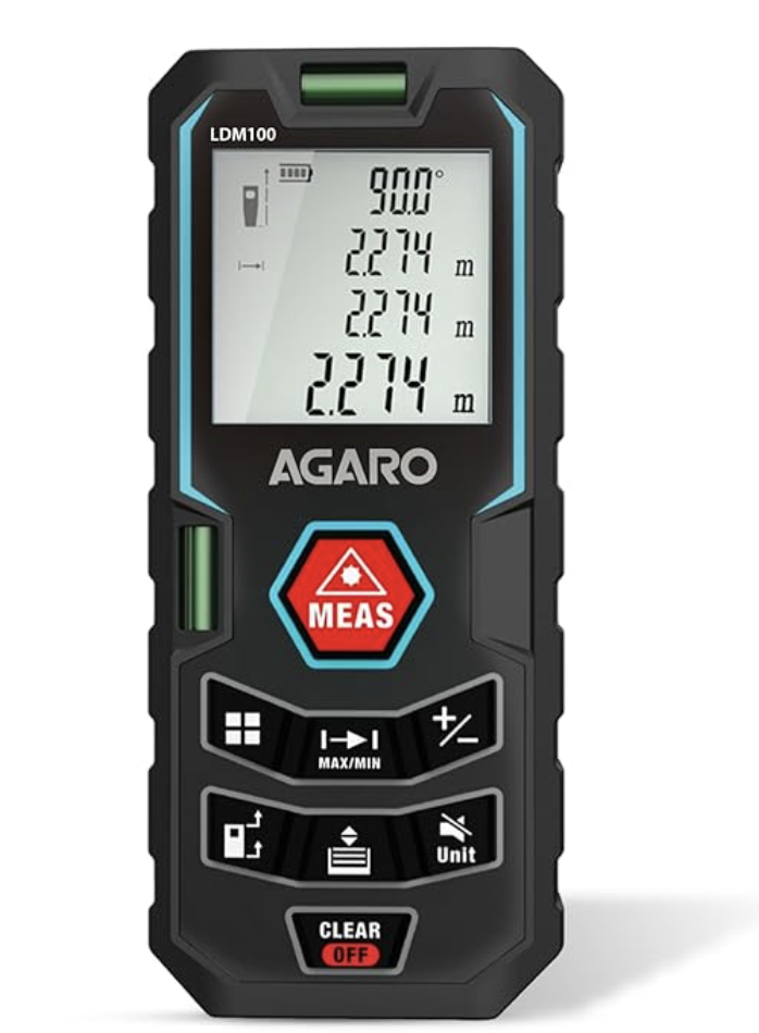 AGARO LDM100 Laser Distance Meter, Up to 100 Meters Range, Continous Measurement, Distance, Volume & Area Measurement, Pythagorean Mode, 30 Memories, 2 Bubble Levels,M/In/Ft Unit, Backlit Display-1