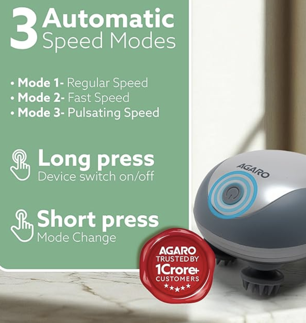 AGARO Scalp Massager, Rechargeable Electric Head Kneading Massager, 3 Speed Modes, Handheld Portable Head Scratcher Massager for Hair Growth, Deep Clean & Stress Relax, SM3675,White-2